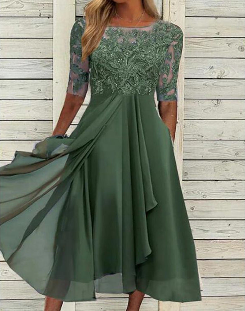Isla | Chiffon Lace Wedding Guest Midi Dress Red Gold Champagne Bridesmaid - Green