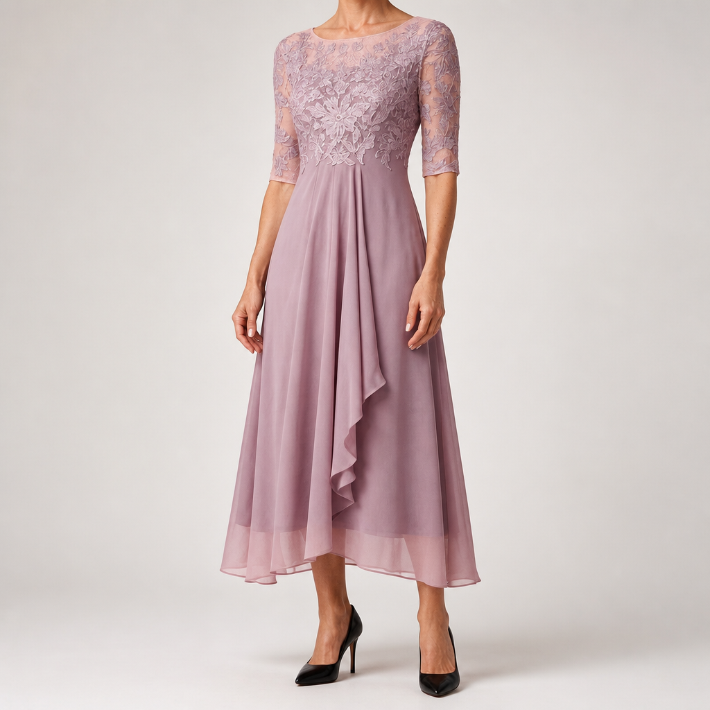 Isla | Womens Wedding Guest Dress Bridesmaid Cocktail Midi Lace Chiffon Dress, Pink