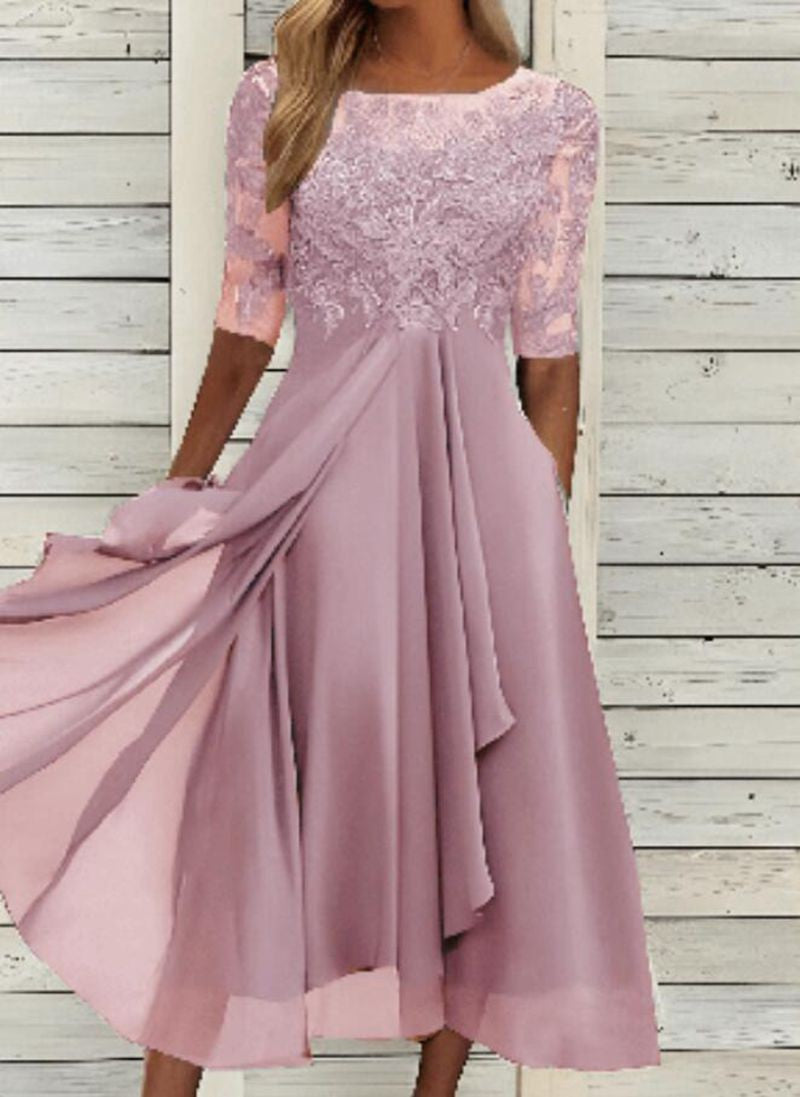 Isla | Chiffon Lace Wedding Guest Midi Dress Red Gold Champagne Bridesmaid - Pink