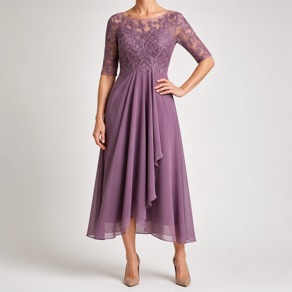 Isla | Womens Wedding Guest Dress Bridesmaid Cocktail Midi Lace Chiffon Dress, Purple