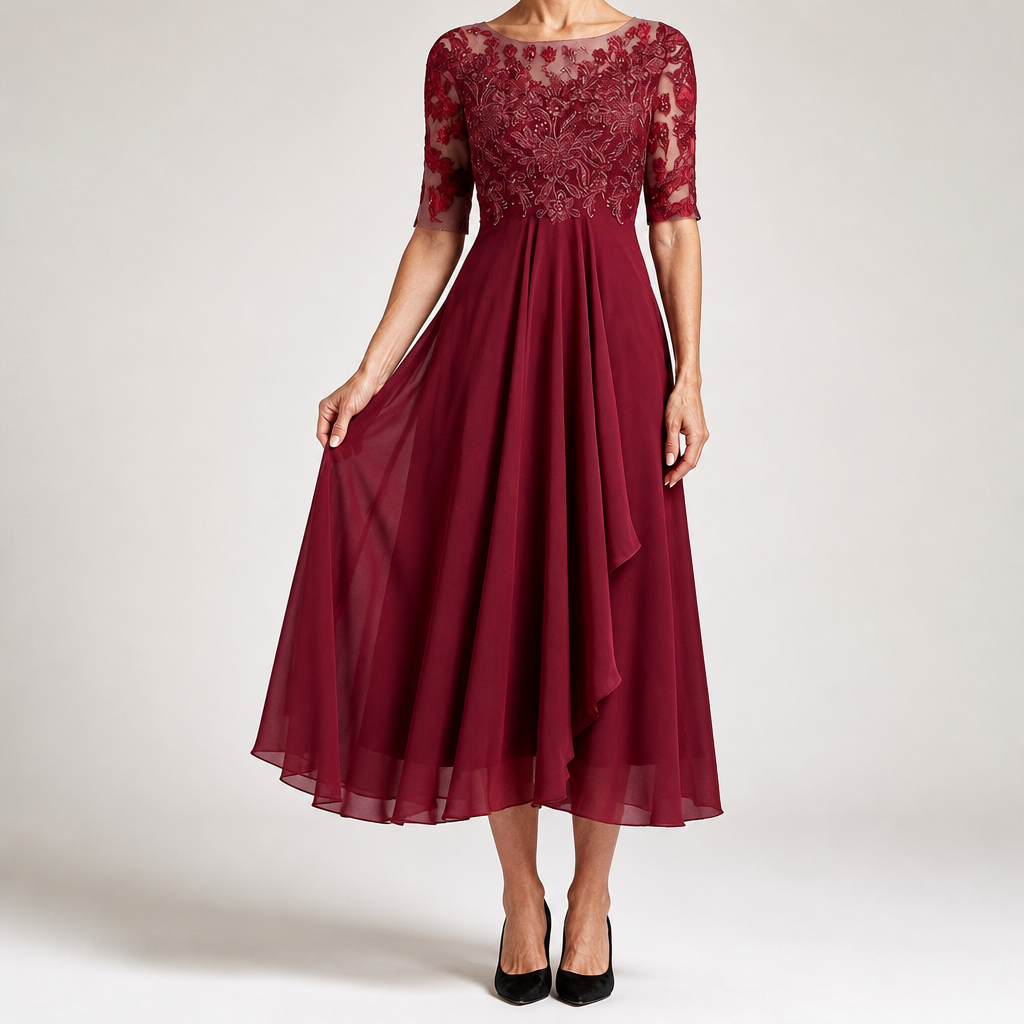 Isla | Womens Wedding Guest Dress Bridesmaid Cocktail Midi Lace Chiffon Dress, Wine Red