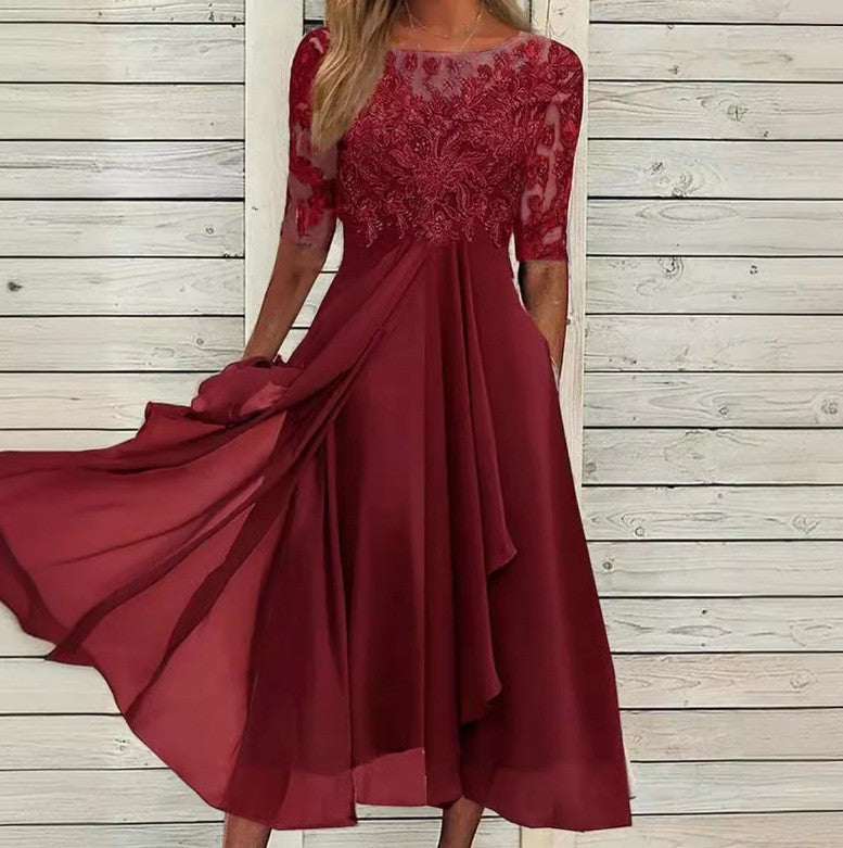 Isla | Chiffon Lace Wedding Guest Midi Dress Red Gold Champagne Bridesmaid - Wine Red