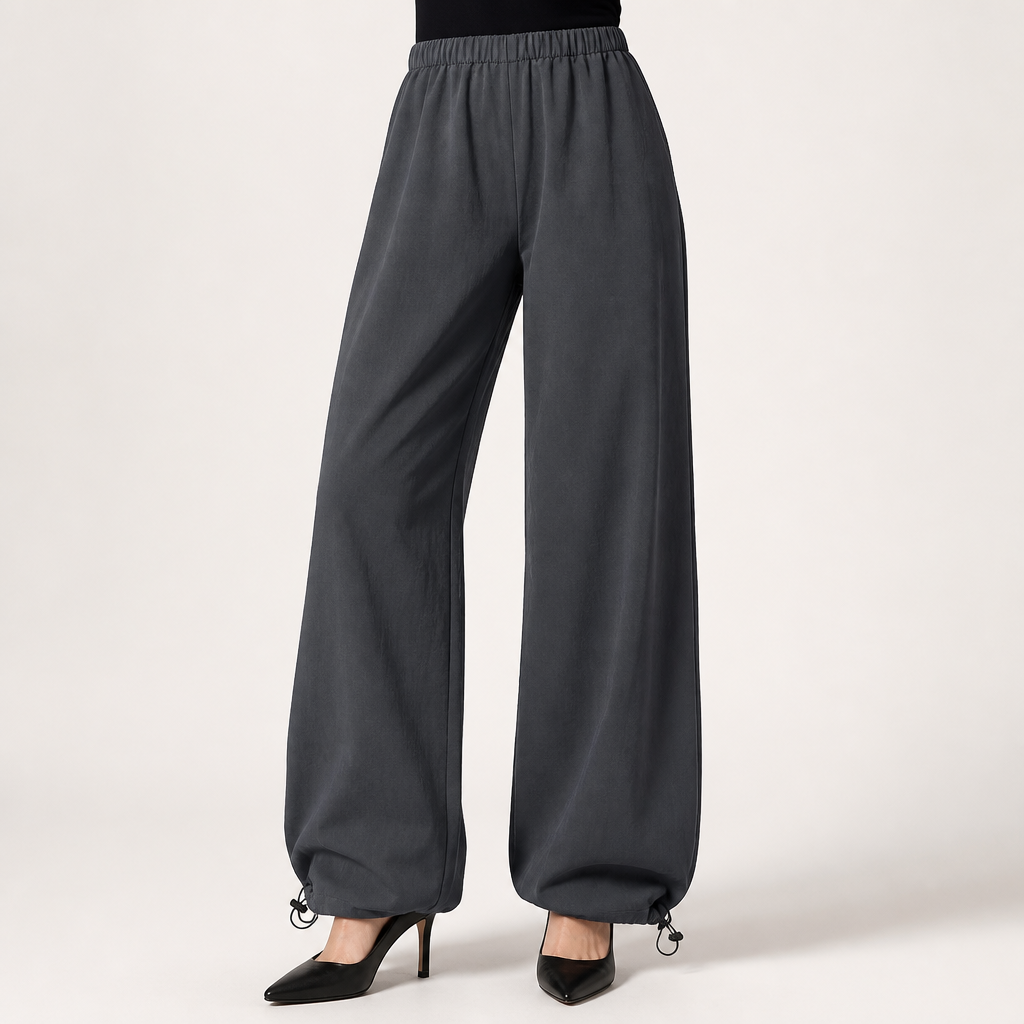 Isla | Womens High Waisted Wide Leg Drape Workwear Trousers Pants, Dark Grey