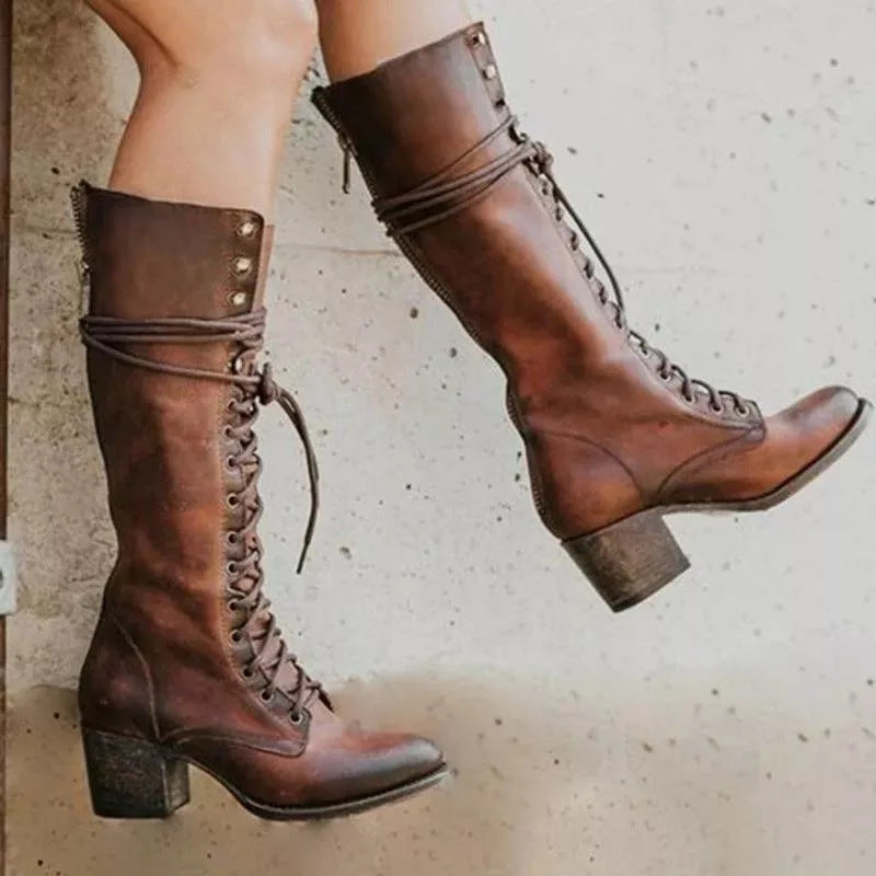 Isla | Womens Lace Up Block Heel Knee High Boots - 5