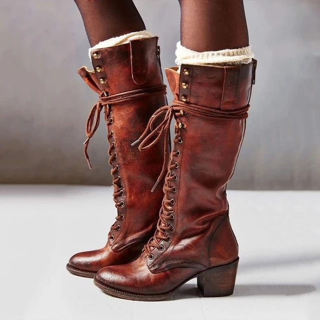 Isla | Womens Lace Up Block Heel Knee High Boots - 6