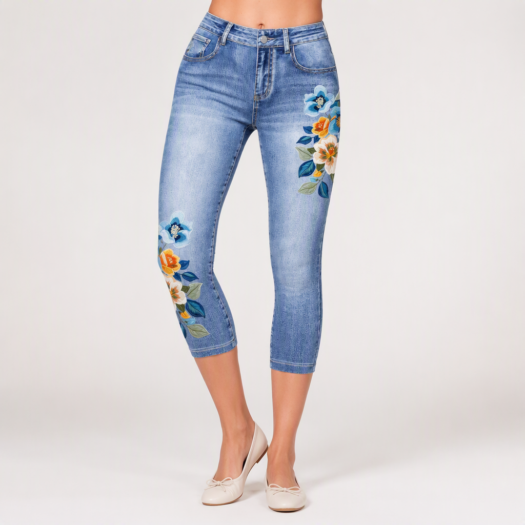 Isla | Womens Leggings Faux Denim Printed Slim Fit, Denim Blue
