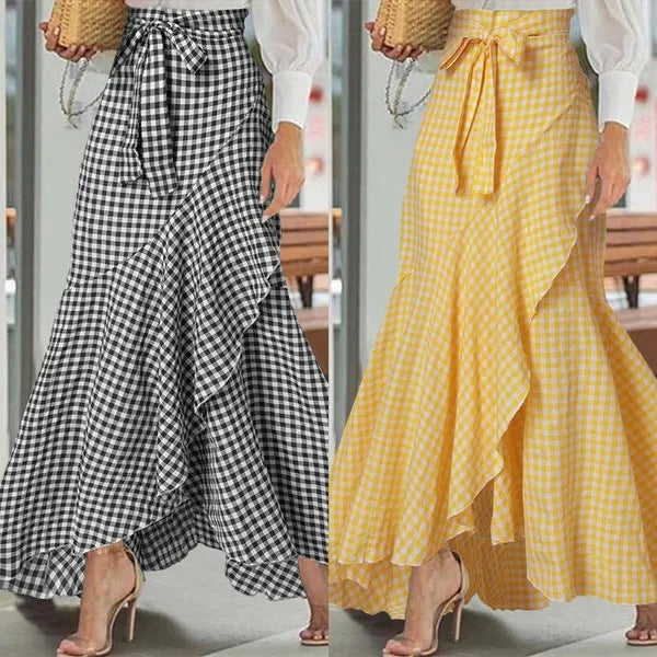 Isolde | Womens Plaid High Waisted Ruffle Mermaid Maxi Skirt - 1