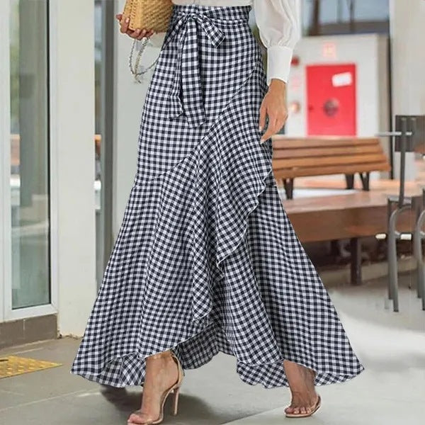 Isolde | Womens Plaid High Waisted Ruffle Mermaid Maxi Skirt - 2