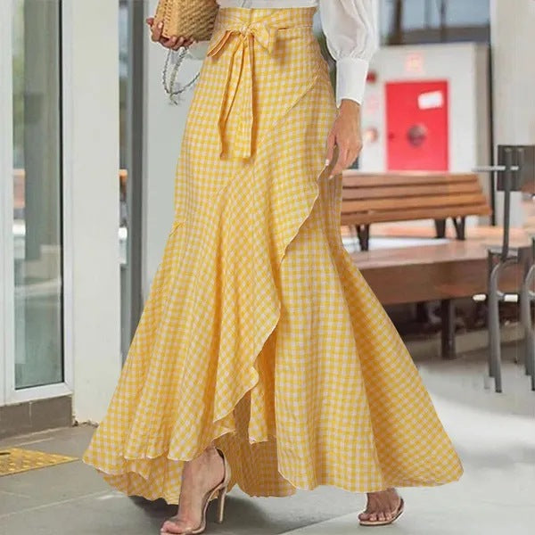 Isolde | Womens Plaid High Waisted Ruffle Mermaid Maxi Skirt - 4