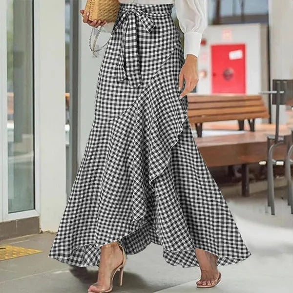 Isolde | Womens Plaid High Waisted Ruffle Mermaid Maxi Skirt - Black