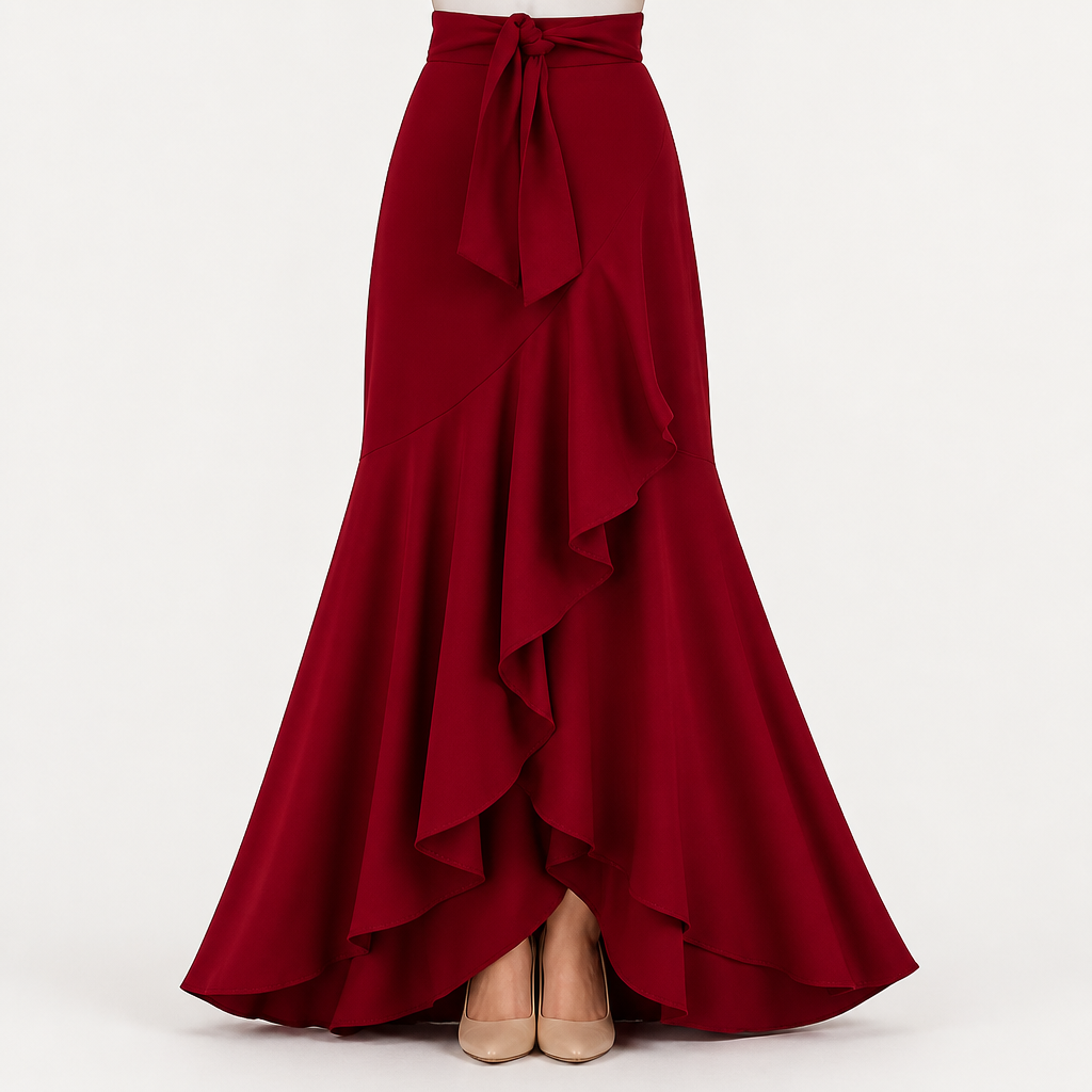 Isolde | Womens Plaid High Waisted Ruffle Mermaid Maxi Skirt, Burgundy