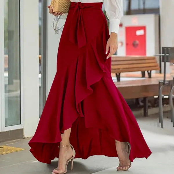 Isolde | Womens Plaid High Waisted Ruffle Mermaid Maxi Skirt - Burgundy