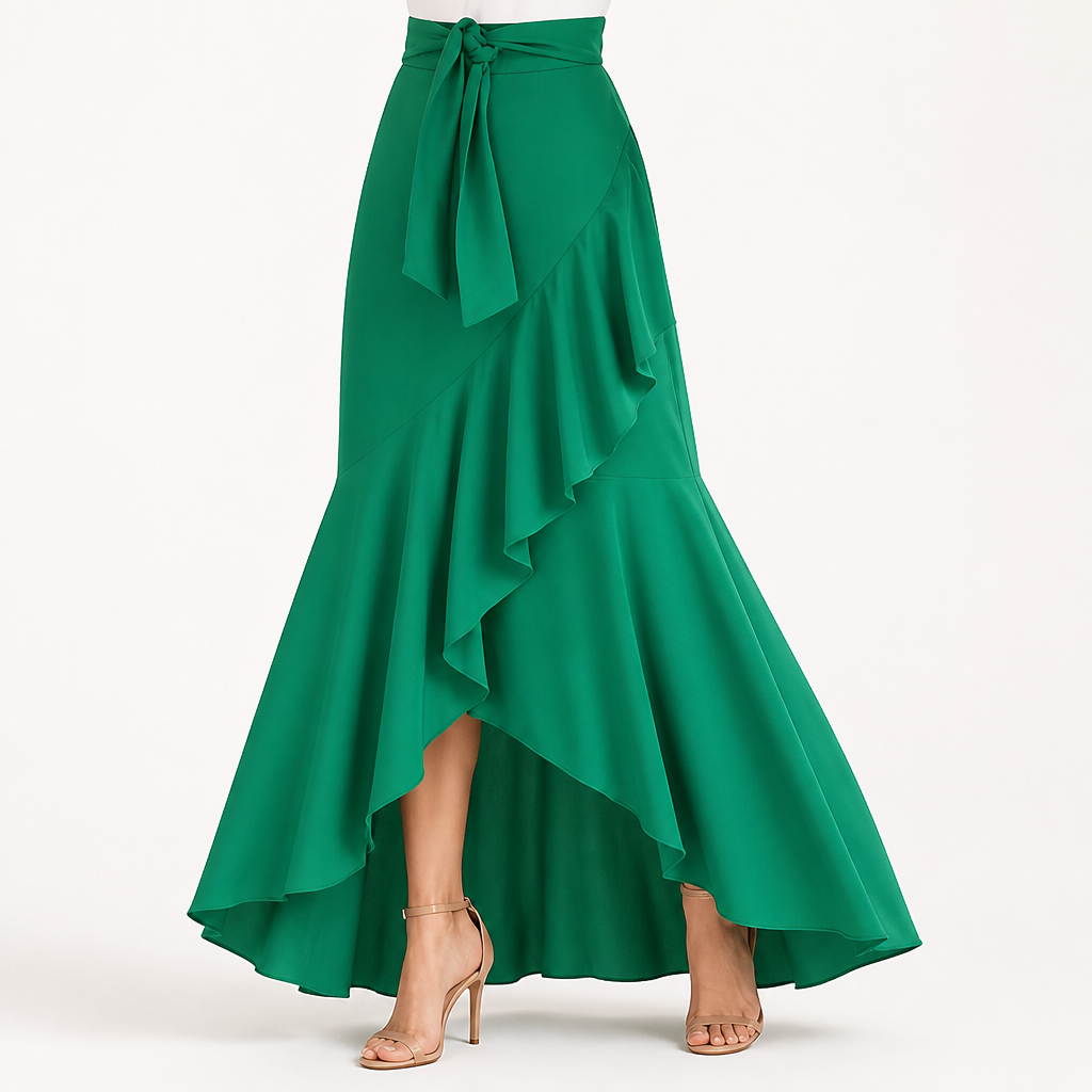 Isolde | Womens Plaid High Waisted Ruffle Mermaid Maxi Skirt, Green