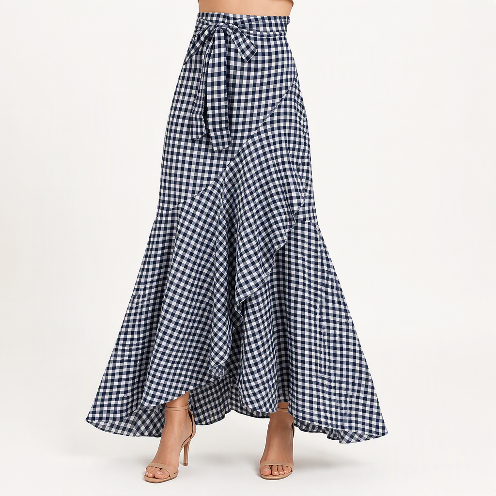 Isolde | Womens Plaid High Waisted Ruffle Mermaid Maxi Skirt, Navy