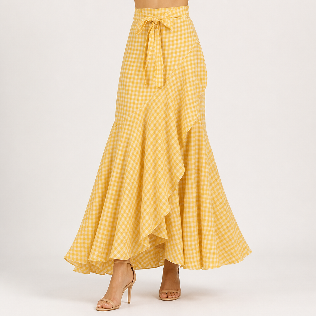Isolde | Womens Plaid High Waisted Ruffle Mermaid Maxi Skirt, Yellow