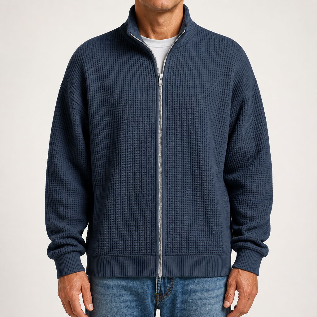 Ivor | Mens Waffle Jacket Stand Collar Zip Up Casual Jacket, Navy Blue
