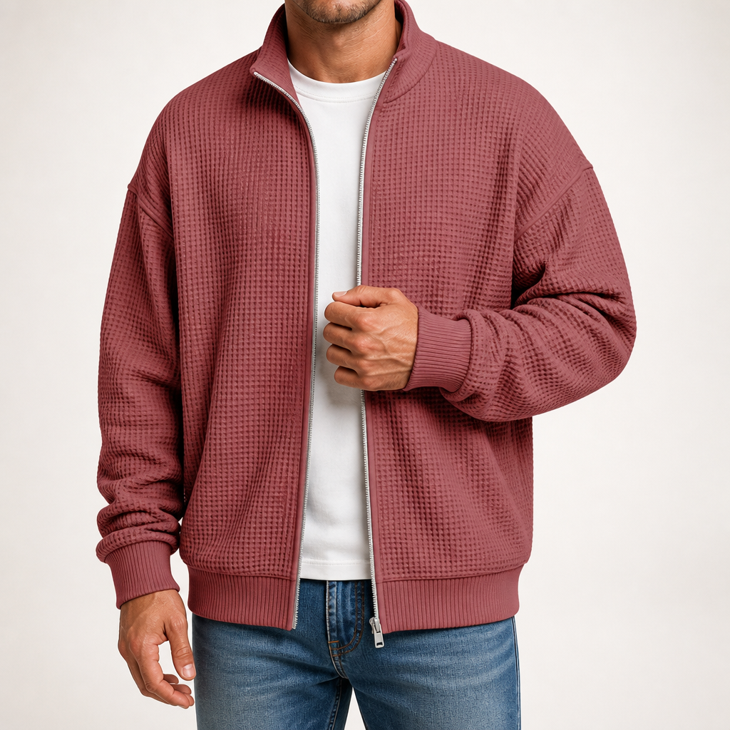 Ivor | Mens Waffle Jacket Stand Collar Zip Up Casual Jacket, Red