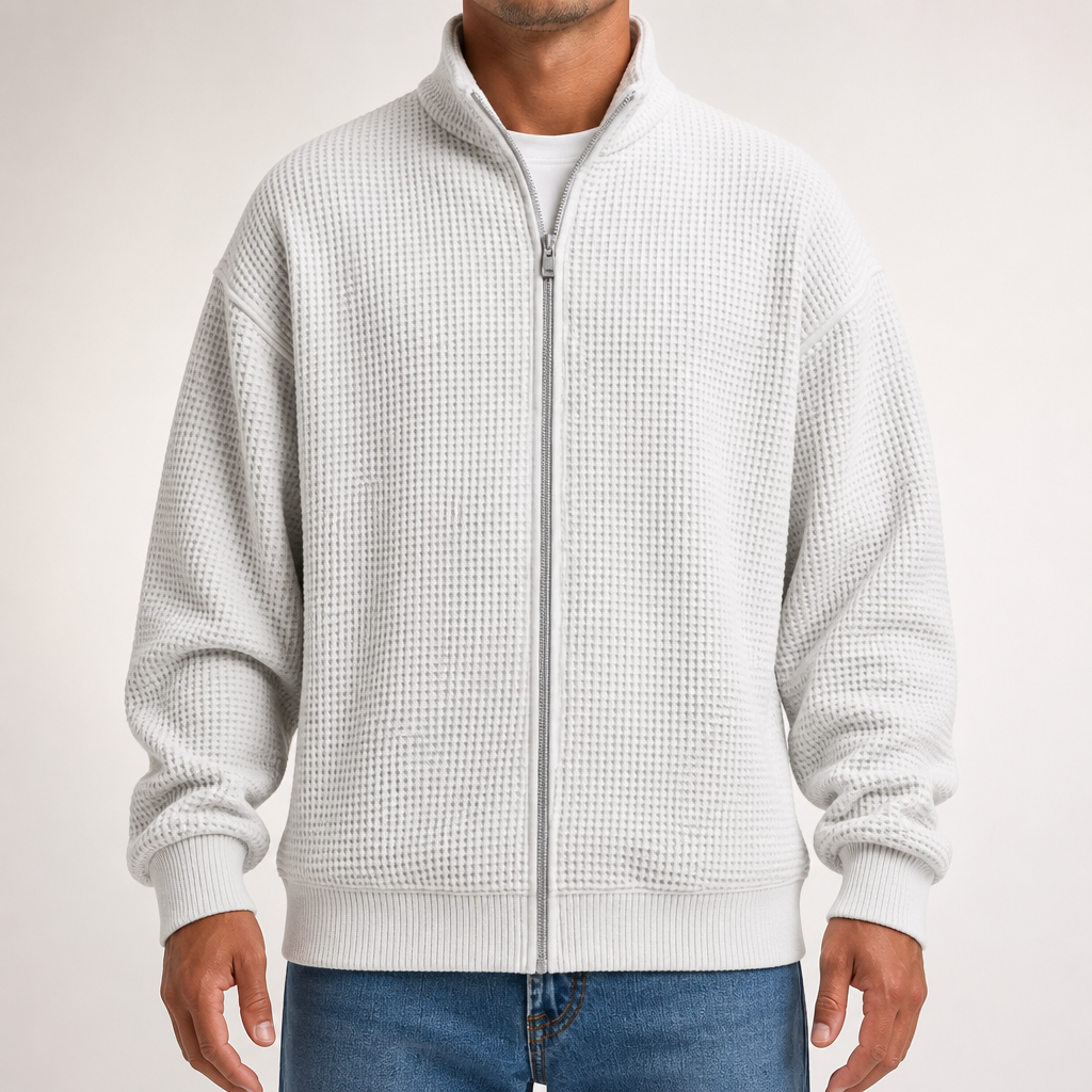 Ivor | Mens Waffle Jacket Stand Collar Zip Up Casual Jacket, White