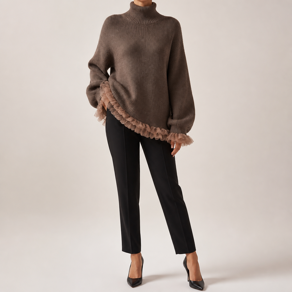 Jarvis | Womens Jumper Knitted High Neck Ruffle Warm Winter Sweater, Design 1