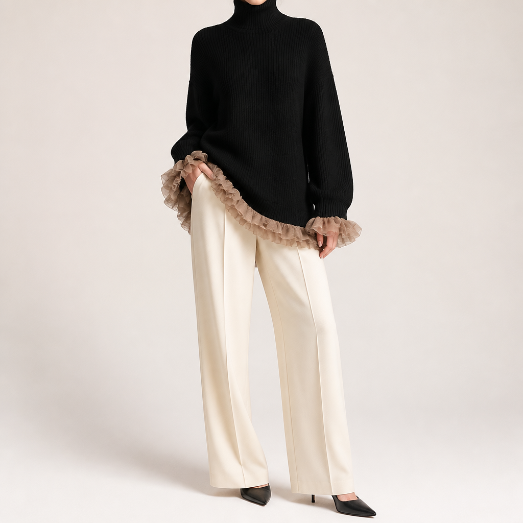 Jarvis | Womens Jumper Knitted High Neck Ruffle Warm Winter Sweater, Design 2