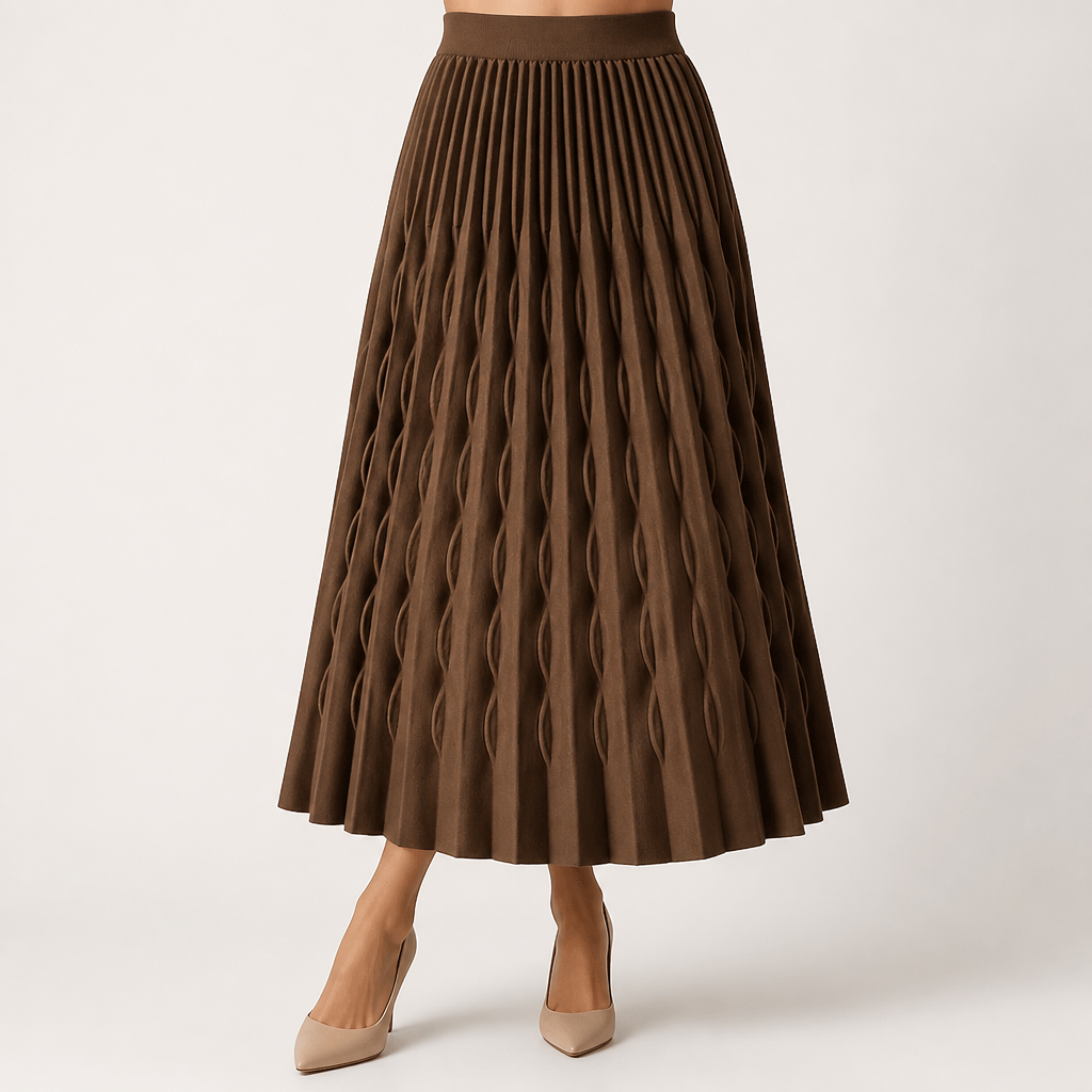 Jarvis | Womens Pleated Skirt A Line High Waisted Knitted Long Skirt, Coffee