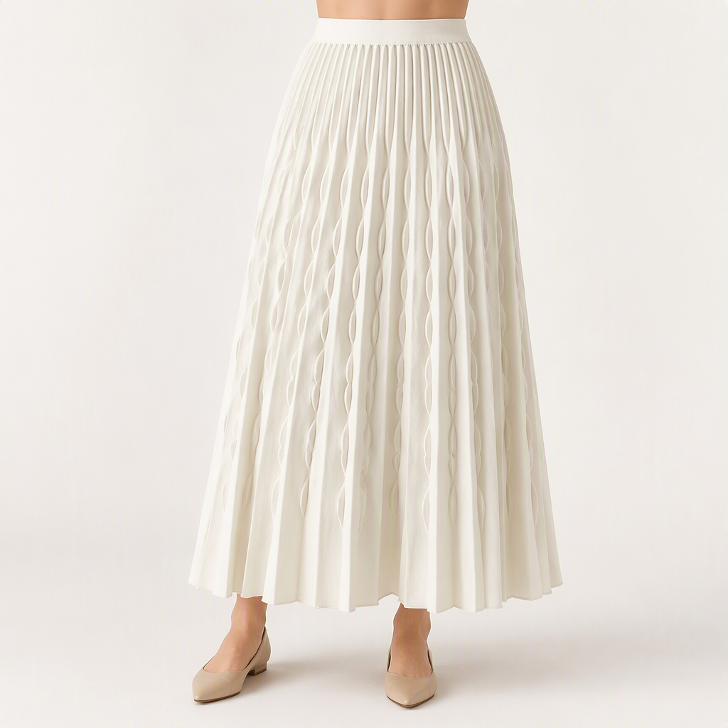 Jarvis | Womens Pleated Skirt A Line High Waisted Knitted Long Skirt, White
