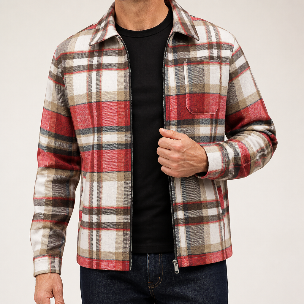 Jasper | Mens Winter Jacket Plaid Zip Up Shirt Jacket, Brick Red