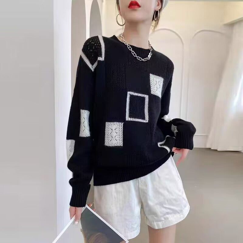 Josephine | Womens Checkerboard Knit Sweater, Black