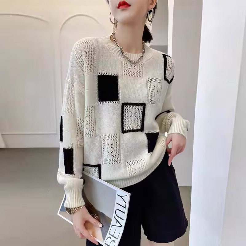 Josephine | Womens Checkerboard Knit Sweater, White
