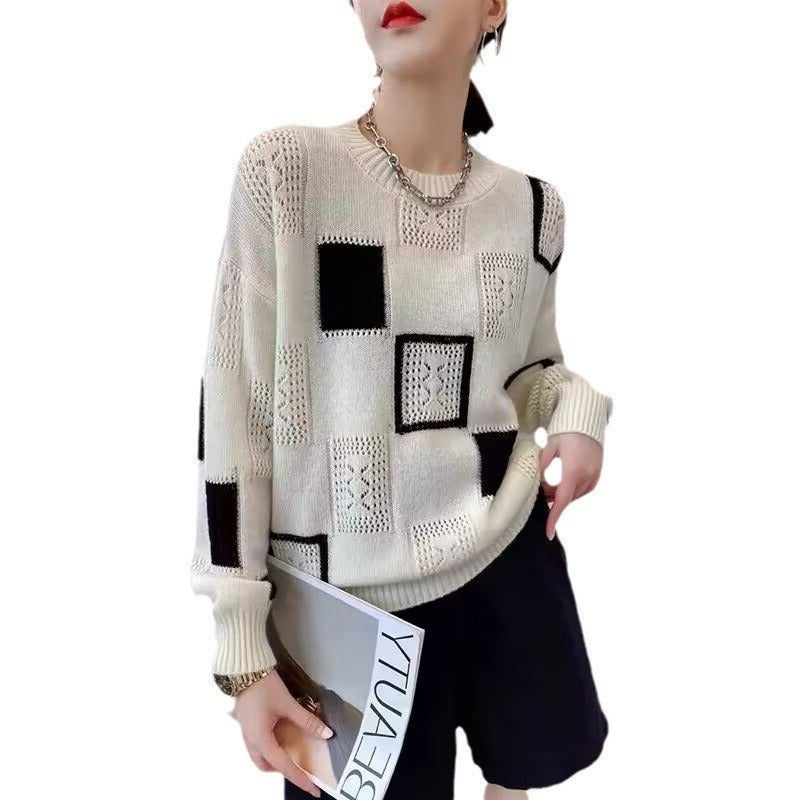Josephine | Womens Checkerboard Knit Sweater, White