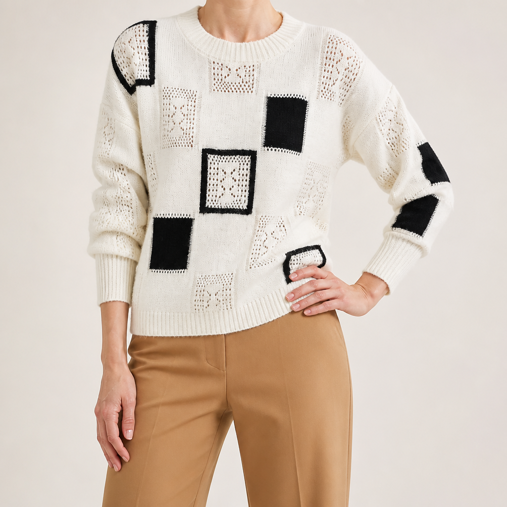 Josephine | Womens Checkerboard Knitted Jumper, White