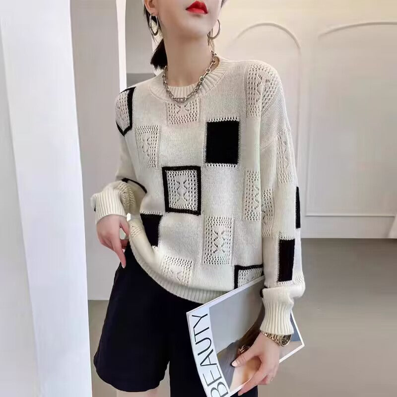 Josephine | Womens Checkerboard Knit Sweater, White