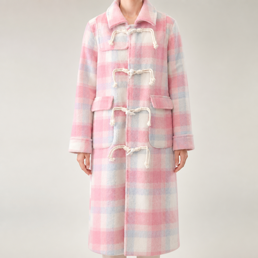 Josephine | Womens Duffle Coat Plaid Mid Length College Outerwear, Pink