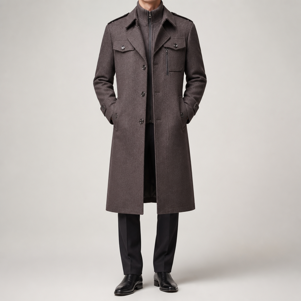 Jules | Mens Wool Double Collar Winter Black Camel Grey Coat, Coffee