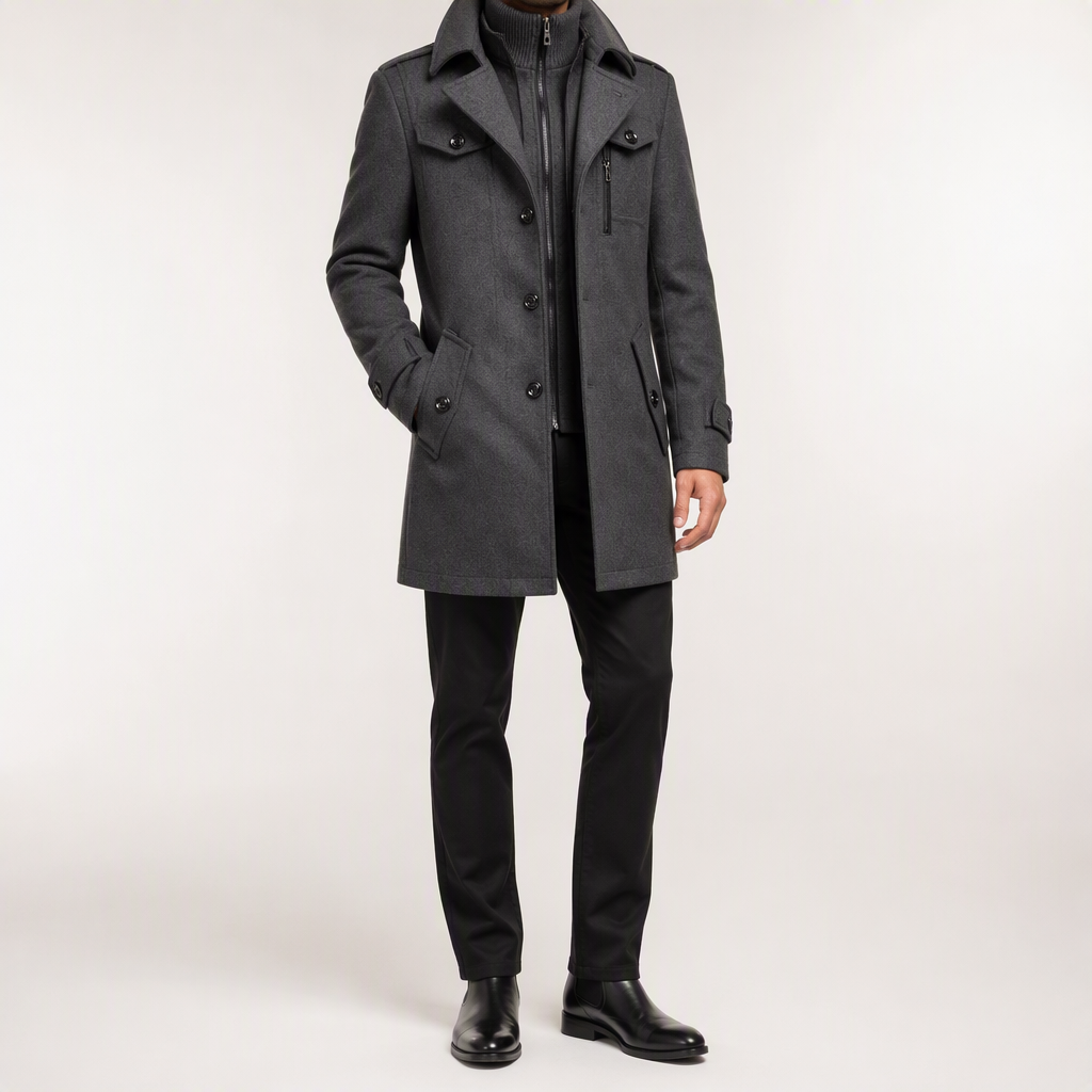 Jules | Mens Wool Double Collar Winter Black Camel Grey Coat, Grey