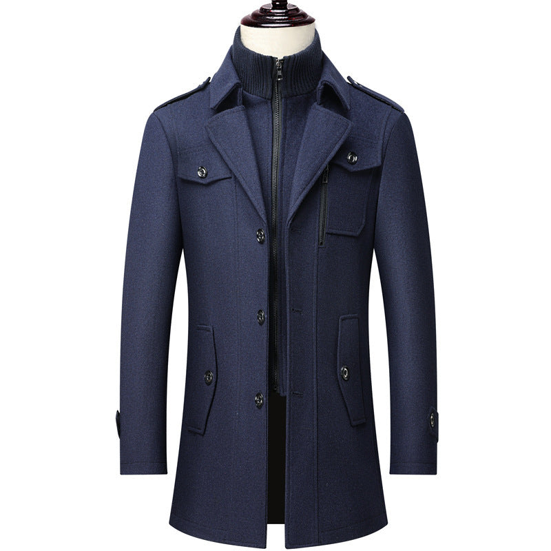 Jules | Mens Wool Double Collar Winter Coat, Navy Blue