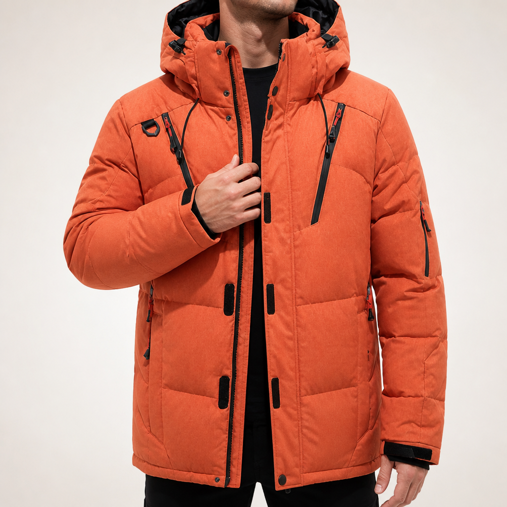 Juliette | Mens Puffer Jacket Hooded Padded Warm Winter Coat, Orange