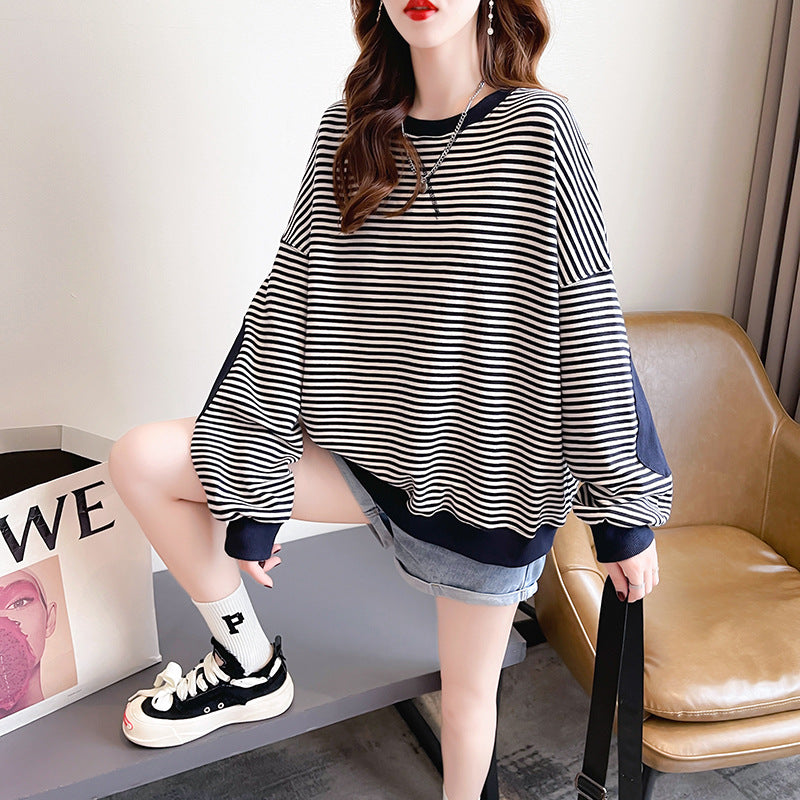 Juno | Womens Striped Long Sleeve Sweatshirt - Navy Blue