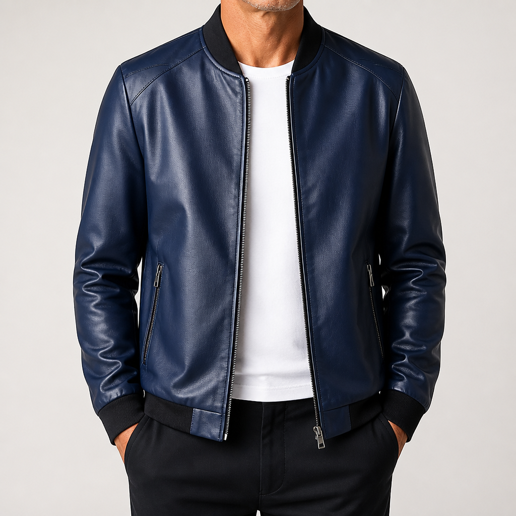 Kai | Mens Leather Slim Fit Casual Classic Fashion Jacket, Blue