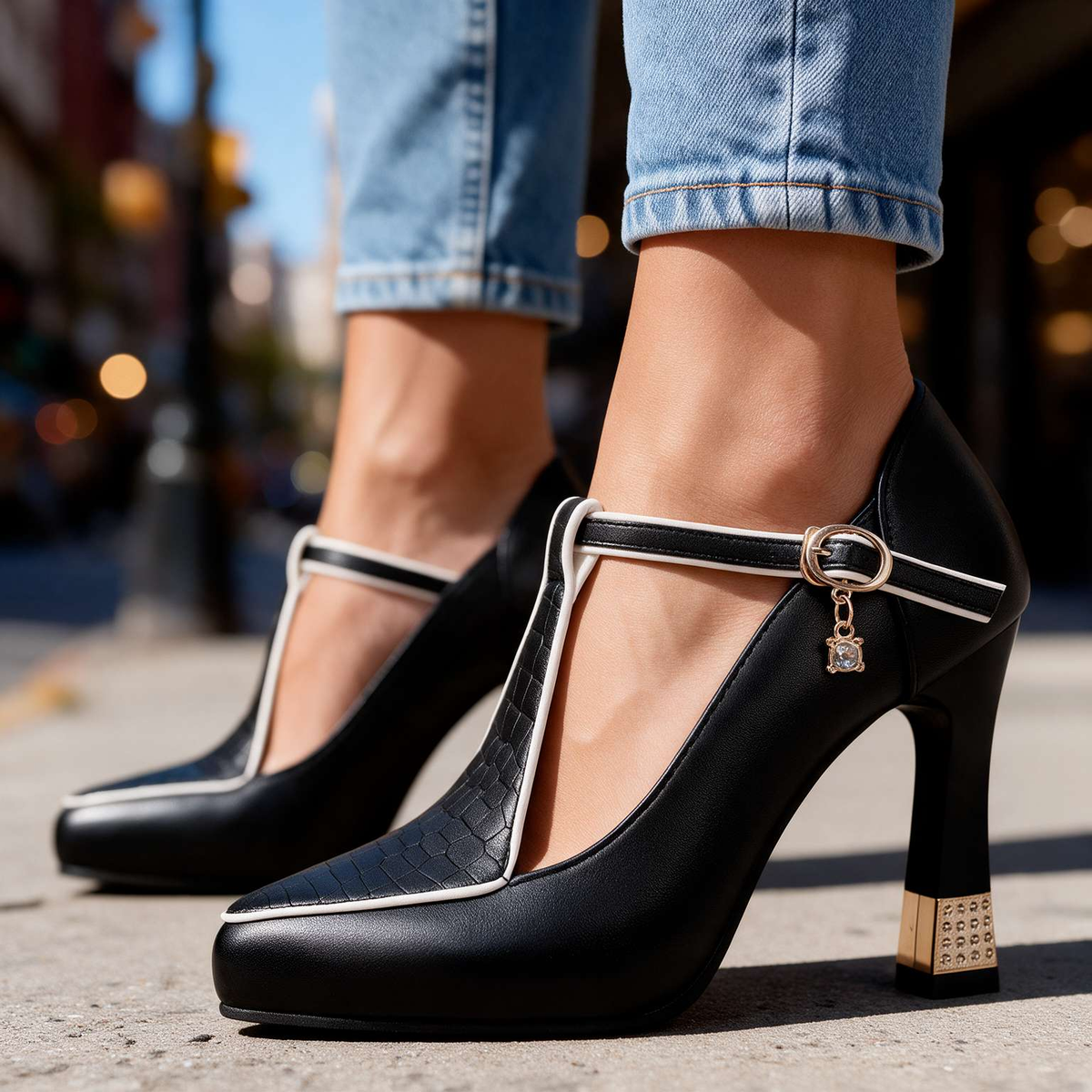 Katelynn Mary Jane Heels in Black with jeans