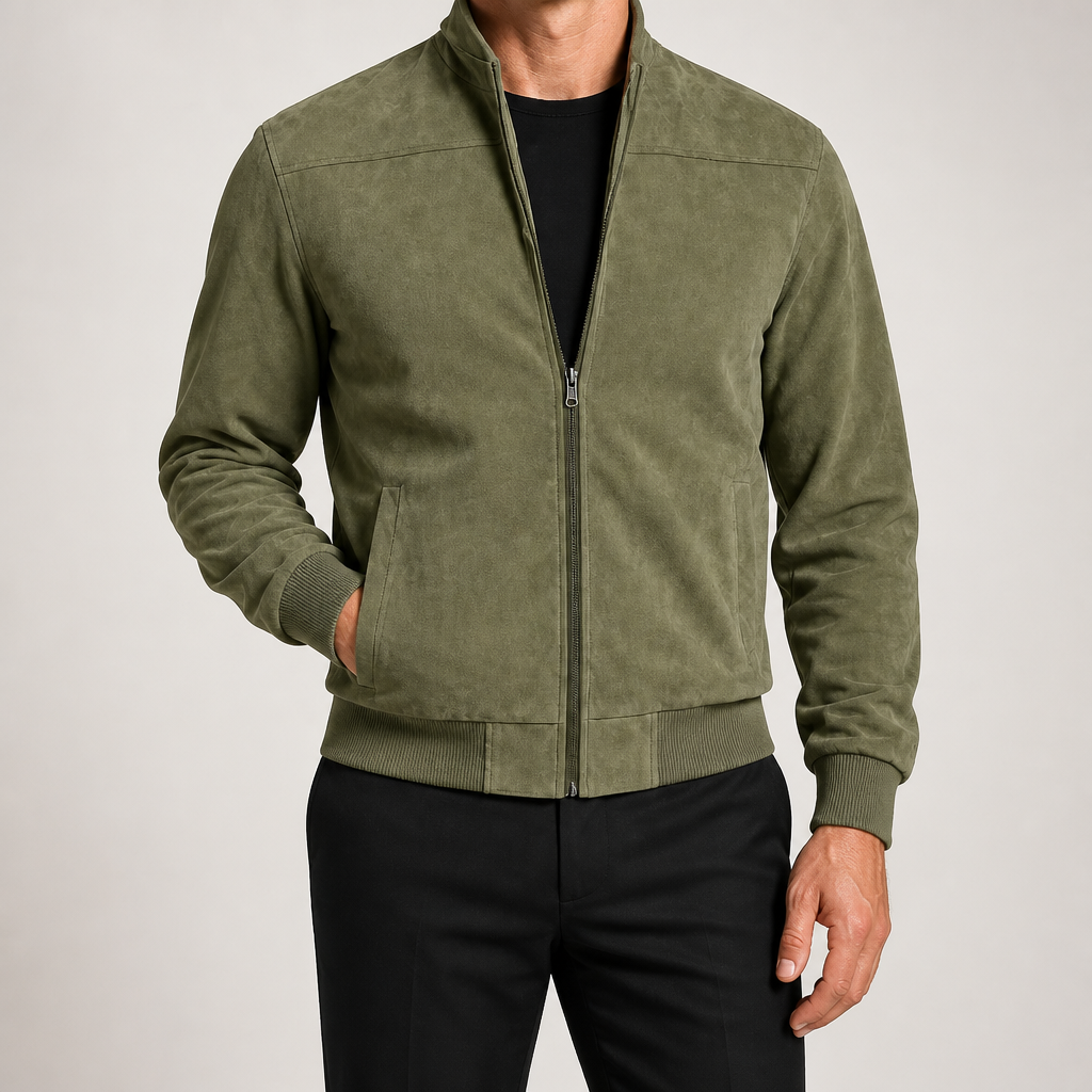 Keir | Mens Cardigan Zip Up Stand Collar Suede Jacket Coat, Army Green