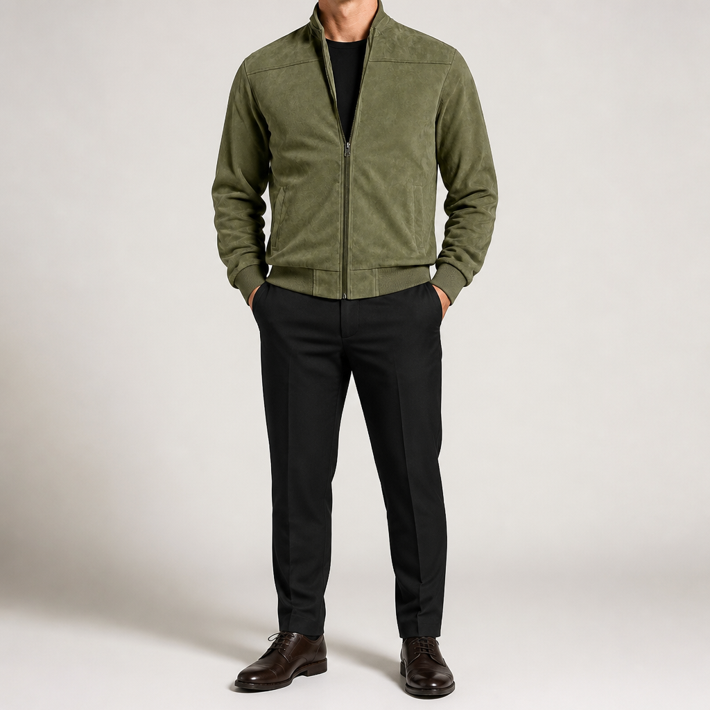 Keir | Mens Cardigan Zip Up Stand Collar Suede Jacket Coat, Army Green