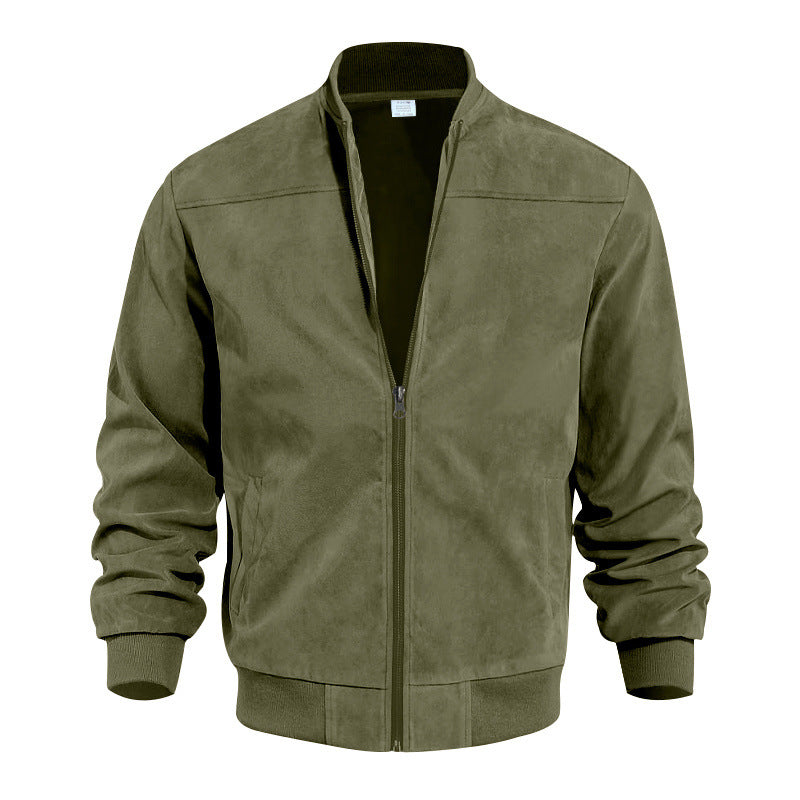 Keir | Mens Cardigan Zip Up Stand Collar Suede Jacket Coat - Army Green
