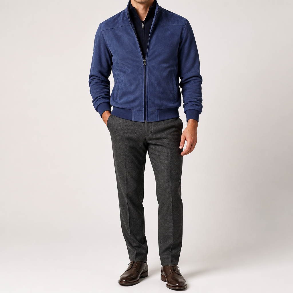 Keir | Mens Cardigan Zip Up Stand Collar Suede Jacket Coat, Navy