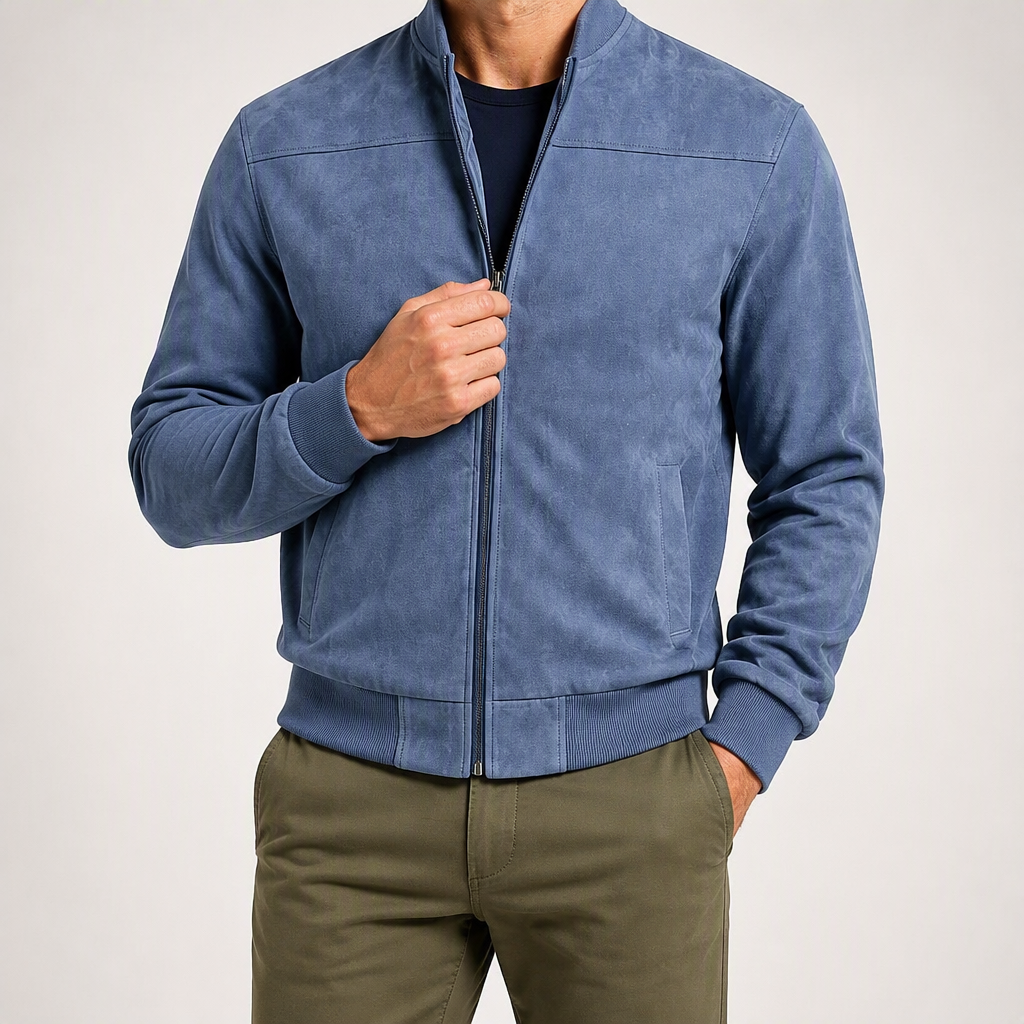 Keir | Mens Cardigan Zip Up Stand Collar Suede Jacket Coat, Sea blue