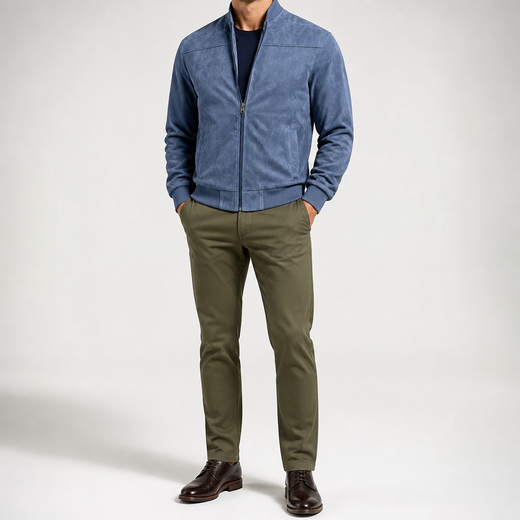Keir | Mens Cardigan Zip Up Stand Collar Suede Jacket Coat, Sea blue