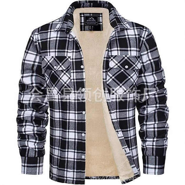 Keir | Mens Flannel Plaid Shirt Jacket, Black White Fleece Lined
