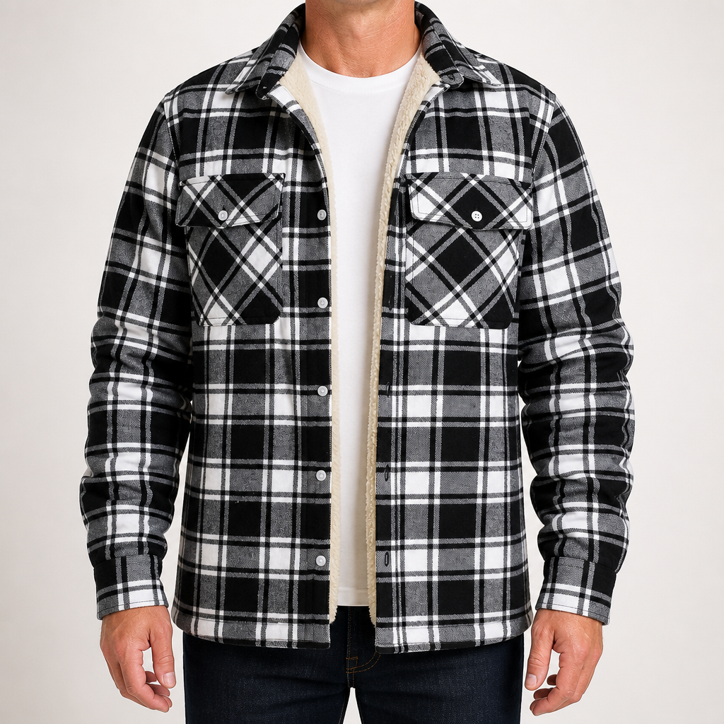 Keir | Mens Flannel Plaid Shirt Quilted Fleece Winter Down Padded Jacket, Black White Fleece Lined