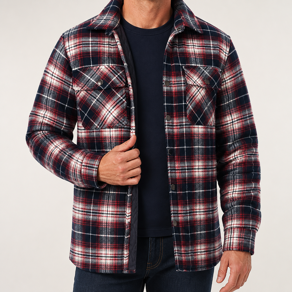 Keir | Mens Flannel Plaid Shirt Quilted Fleece Winter Down Padded Jacket, Burgundy Quilted