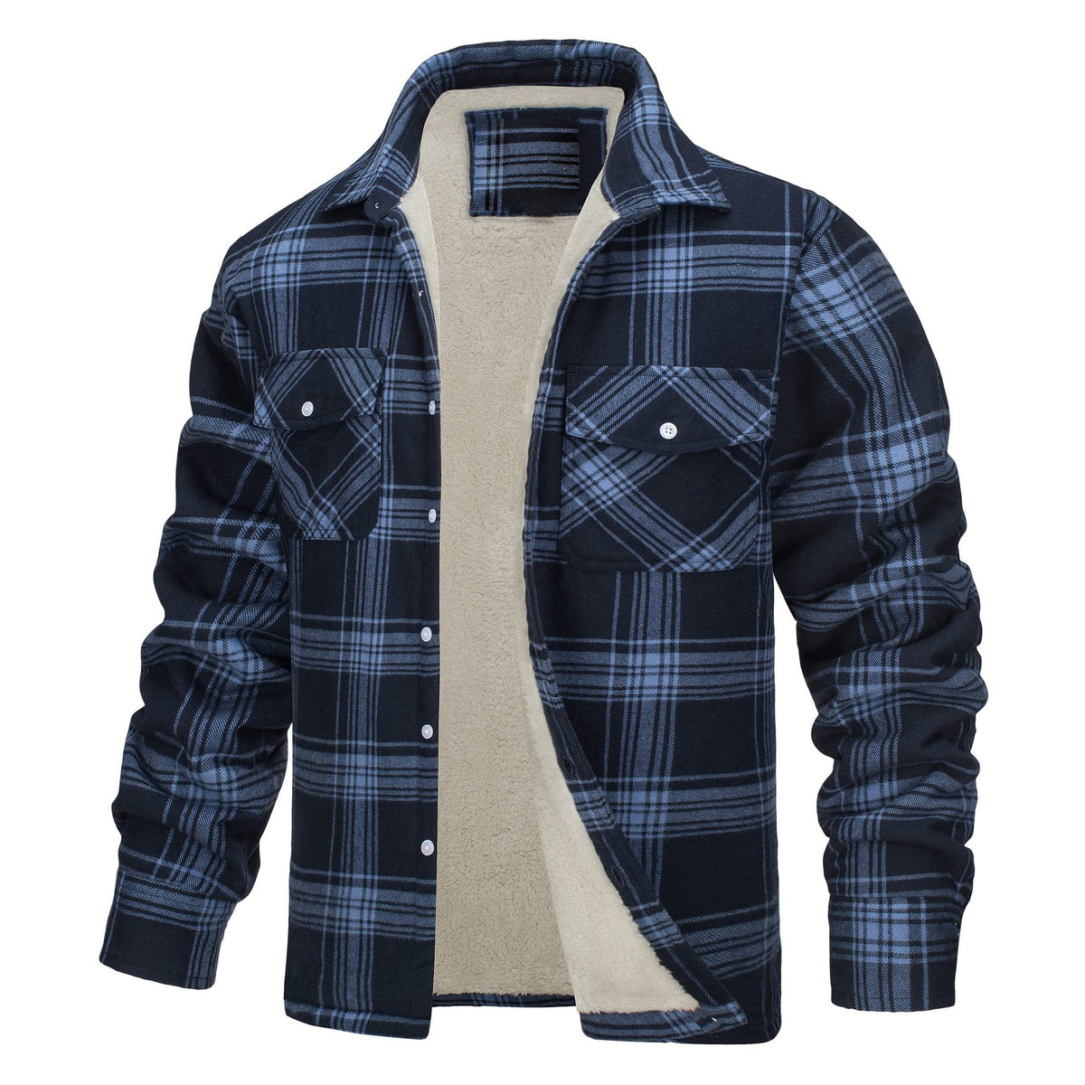 Keir | Mens Flannel Plaid Shirt Jacket, Dark Blue Plaid Fleece Lined